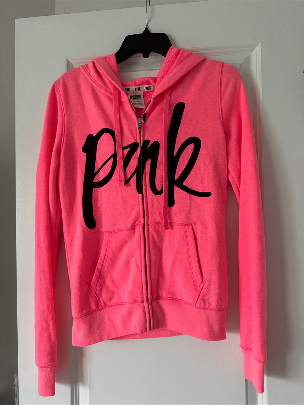 PINK Victoria's Secret Hot Pink XS Full-Zip Hoodie with Black Logo